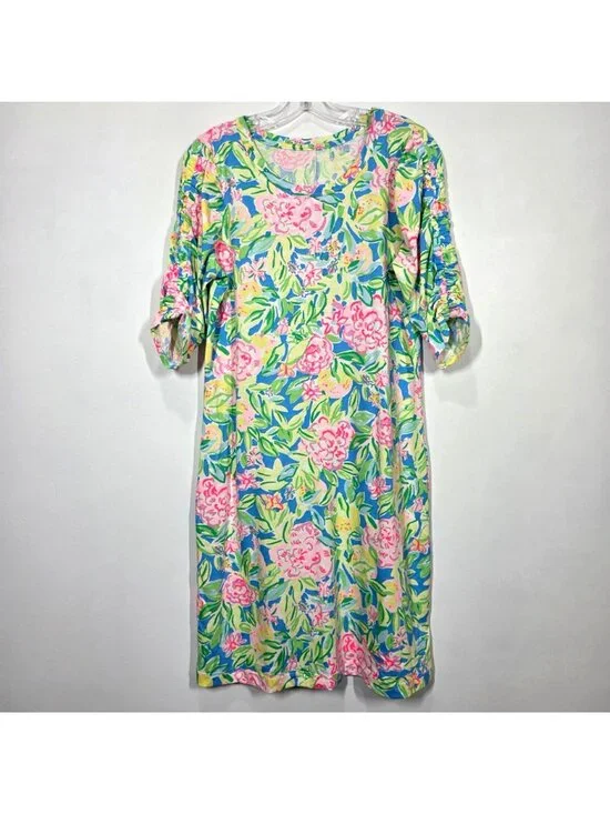 Lilly Pulitzer Dress Large Belden Elbow Sleeve Grove Garden Beachy Tropical - Picture 3 of 11